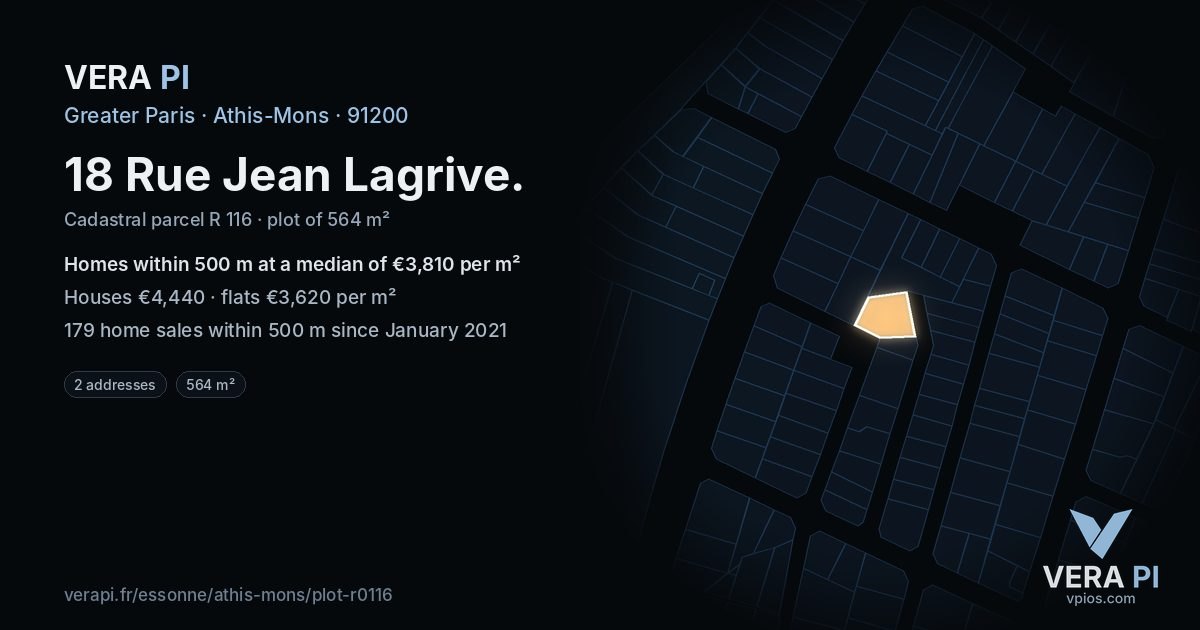 18 Rue Jean Lagrive, Athis-Mons at night – the plot lit, the parcels around coloured by the prices near them
