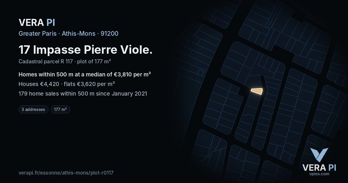 17 Impasse Pierre Viole, Athis-Mons at night – the plot lit, the parcels around coloured by the prices near them