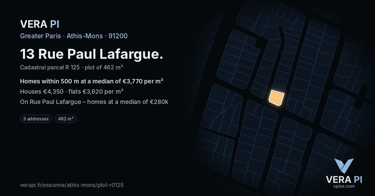 13 Rue Paul Lafargue, Athis-Mons at night – the plot lit, the parcels around coloured by the prices near them
