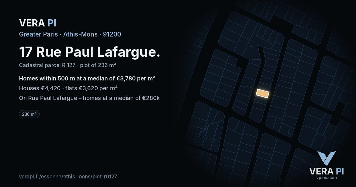 17 Rue Paul Lafargue, Athis-Mons at night – the plot lit, the parcels around coloured by the prices near them