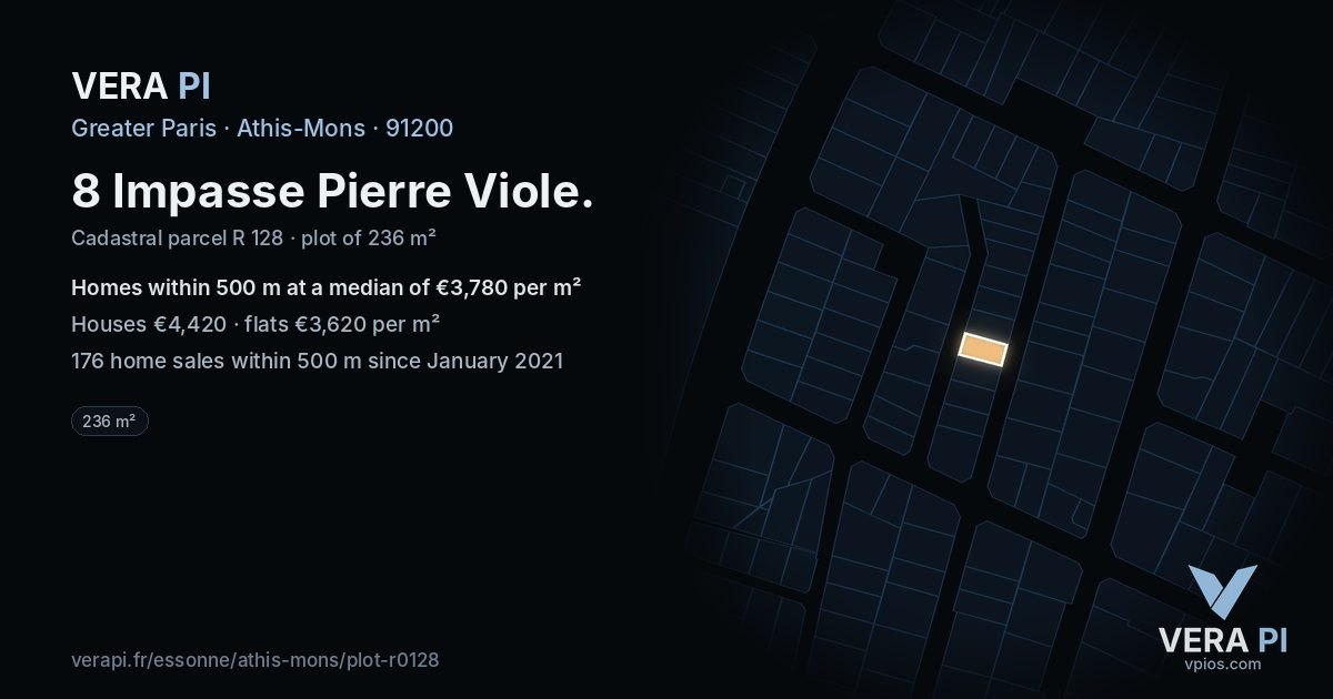 8 Impasse Pierre Viole, Athis-Mons at night – the plot lit, the parcels around coloured by the prices near them