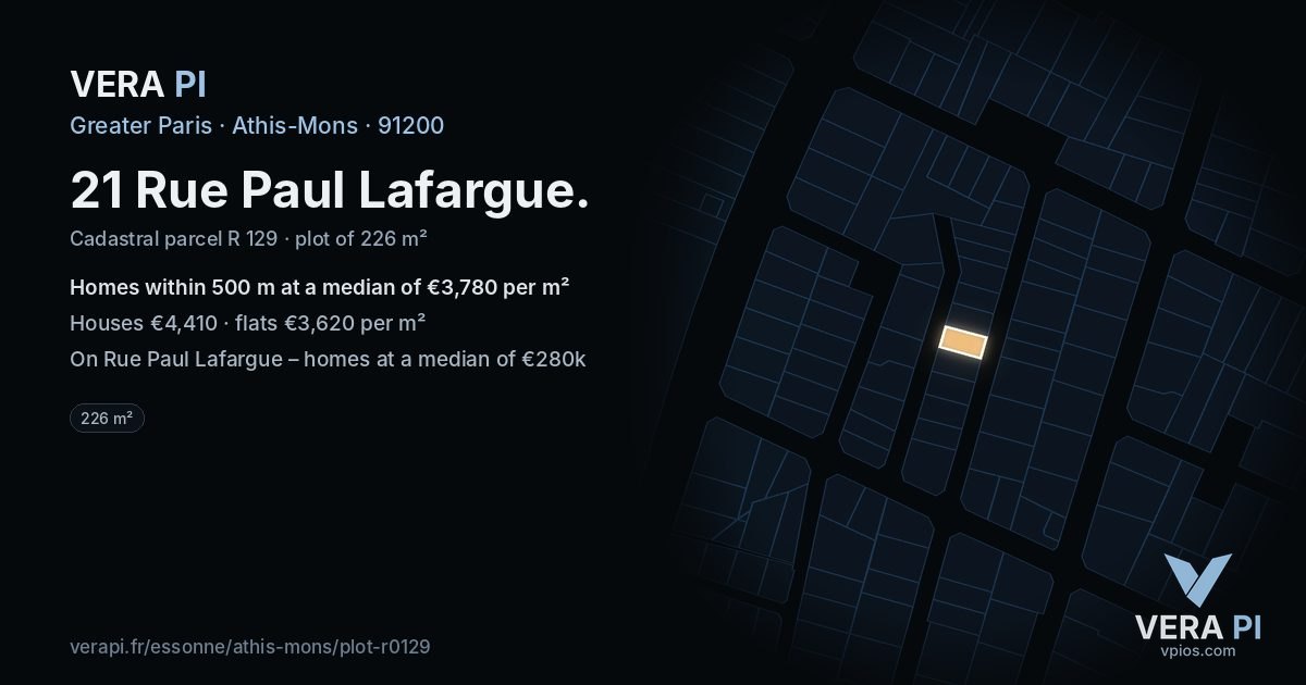 21 Rue Paul Lafargue, Athis-Mons at night – the plot lit, the parcels around coloured by the prices near them