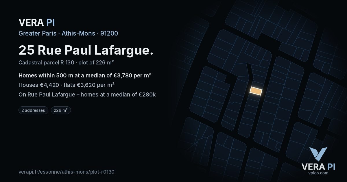 25 Rue Paul Lafargue, Athis-Mons at night – the plot lit, the parcels around coloured by the prices near them