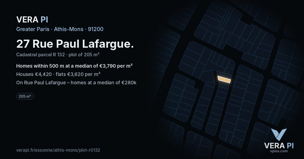 27 Rue Paul Lafargue, Athis-Mons at night – the plot lit, the parcels around coloured by the prices near them