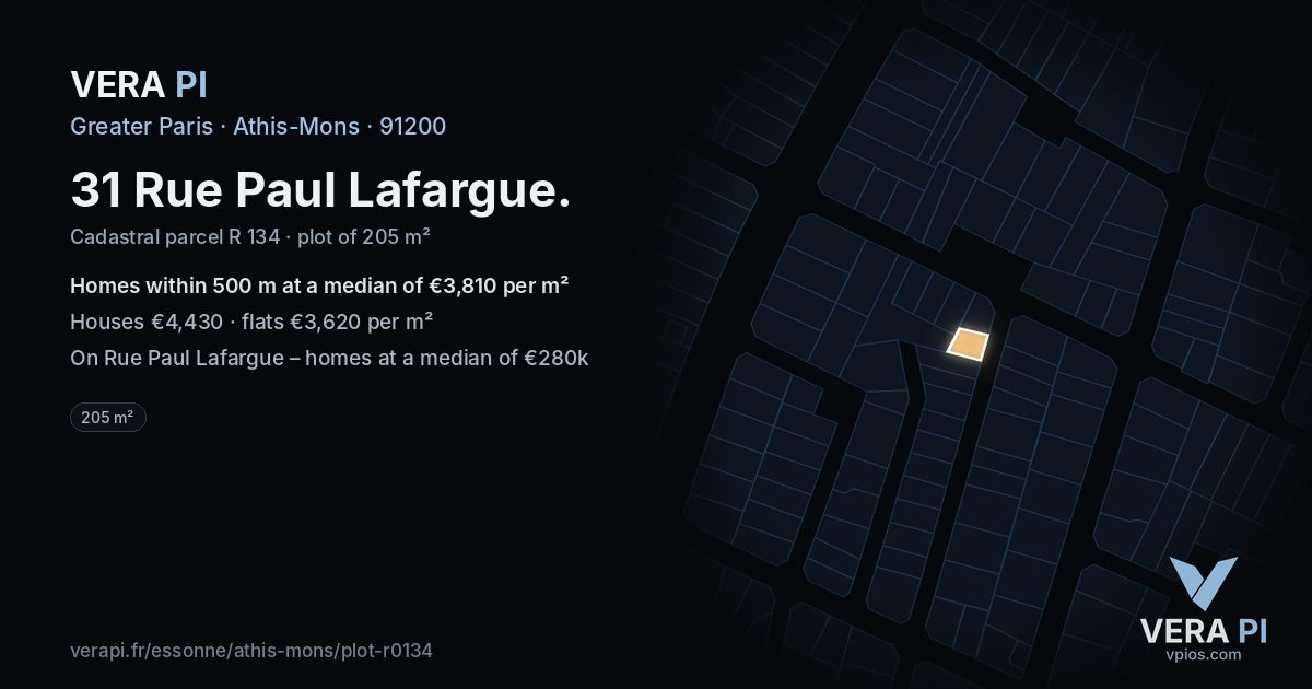 31 Rue Paul Lafargue, Athis-Mons at night – the plot lit, the parcels around coloured by the prices near them