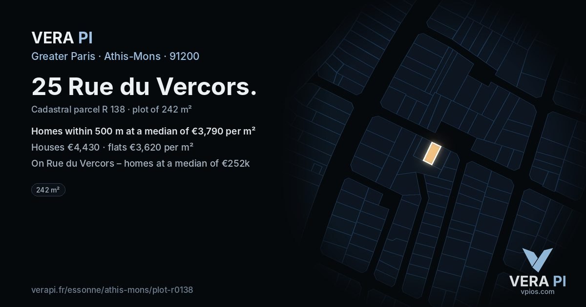 25 Rue du Vercors, Athis-Mons at night – the plot lit, the parcels around coloured by the prices near them