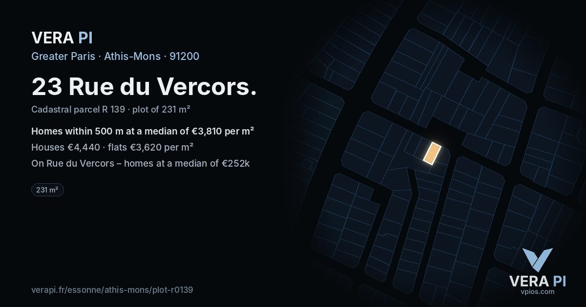 23 Rue du Vercors, Athis-Mons at night – the plot lit, the parcels around coloured by the prices near them