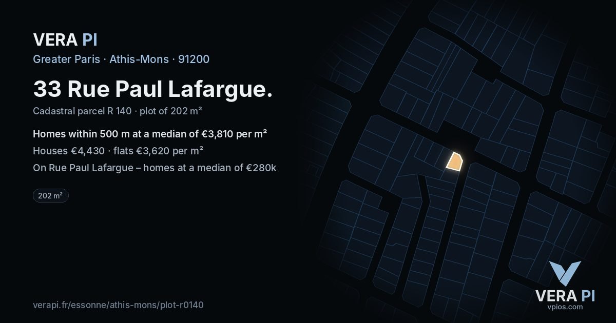 33 Rue Paul Lafargue, Athis-Mons at night – the plot lit, the parcels around coloured by the prices near them
