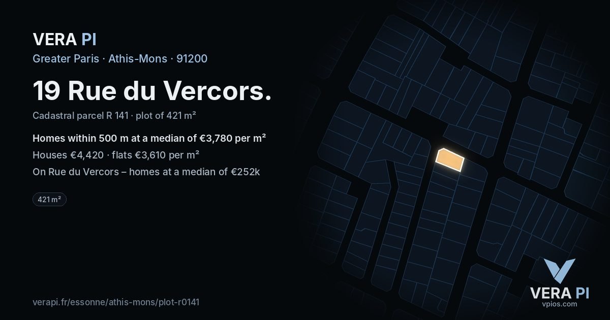 19 Rue du Vercors, Athis-Mons at night – the plot lit, the parcels around coloured by the prices near them