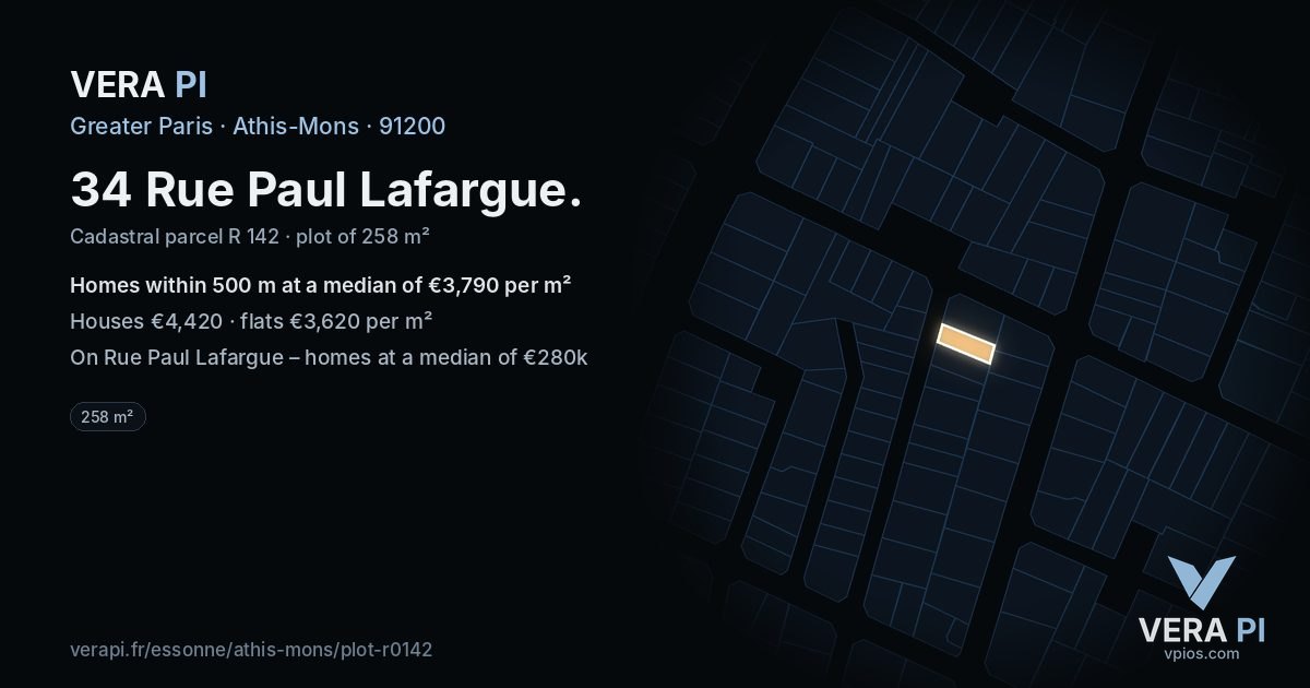 34 Rue Paul Lafargue, Athis-Mons at night – the plot lit, the parcels around coloured by the prices near them