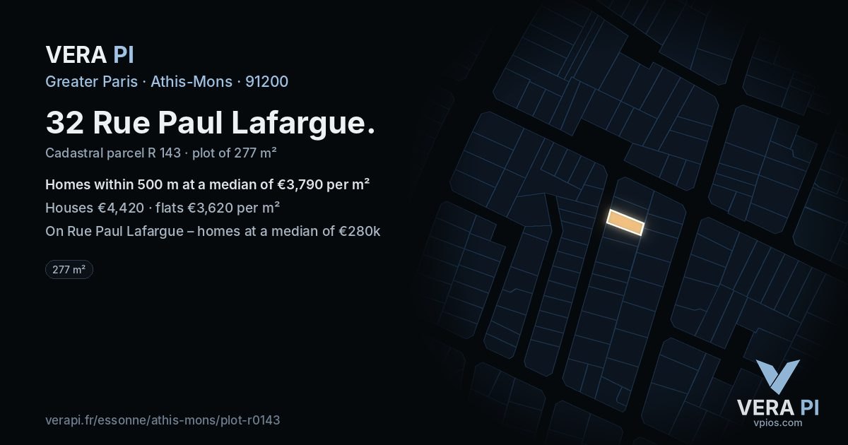 32 Rue Paul Lafargue, Athis-Mons at night – the plot lit, the parcels around coloured by the prices near them