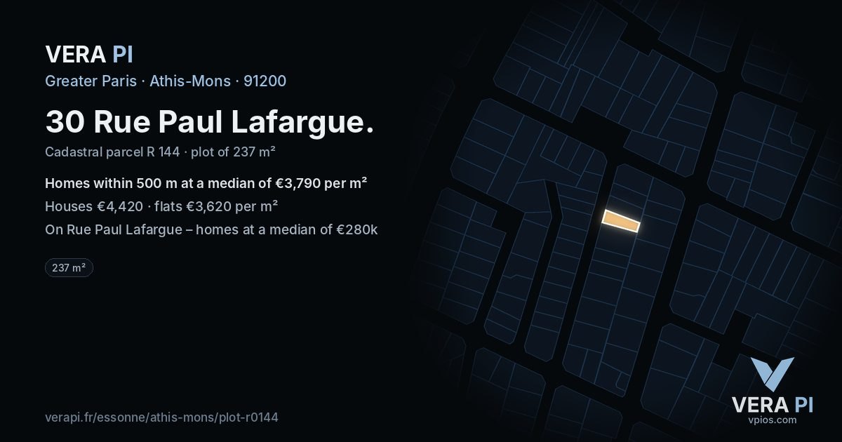 30 Rue Paul Lafargue, Athis-Mons at night – the plot lit, the parcels around coloured by the prices near them