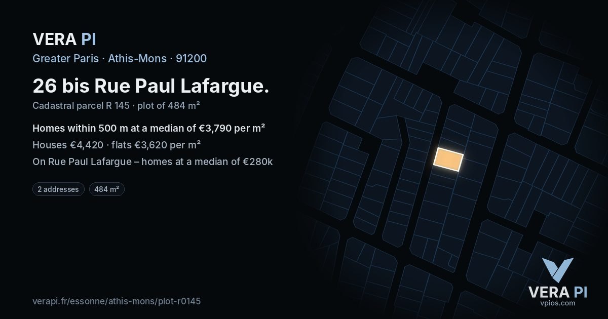 26 bis Rue Paul Lafargue, Athis-Mons at night – the plot lit, the parcels around coloured by the prices near them