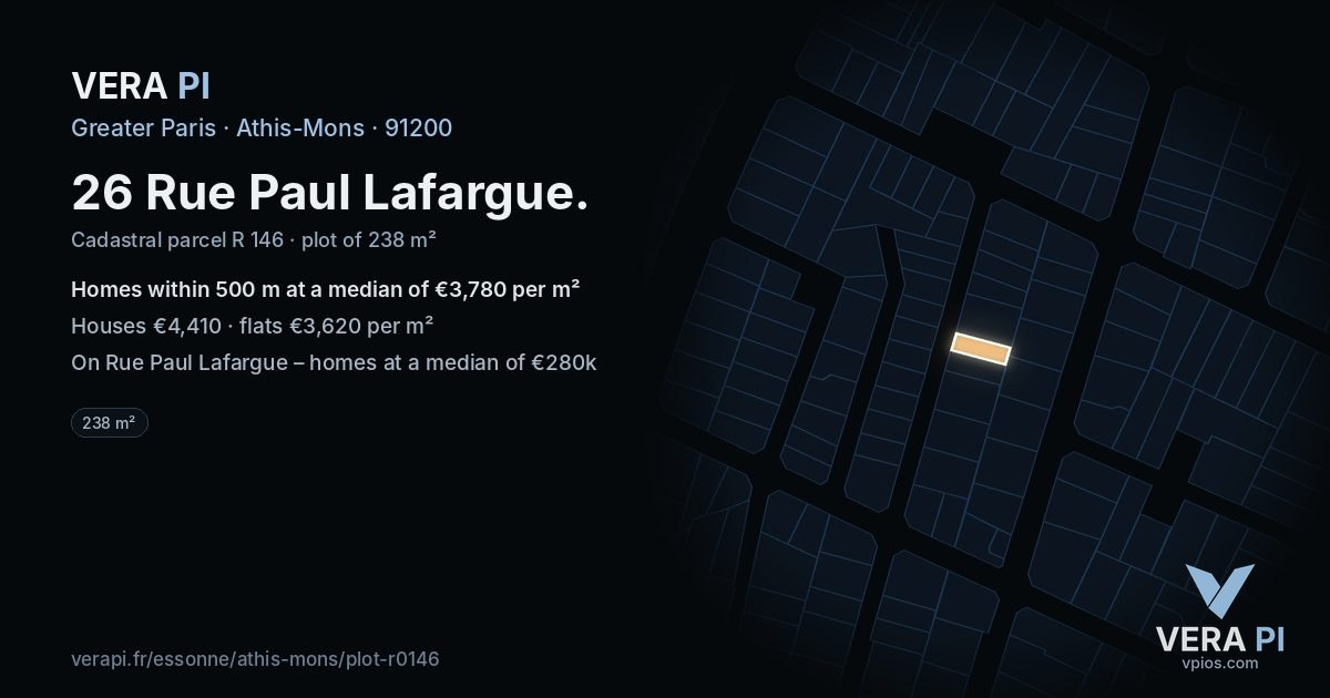 26 Rue Paul Lafargue, Athis-Mons at night – the plot lit, the parcels around coloured by the prices near them
