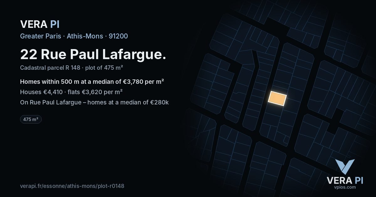 22 Rue Paul Lafargue, Athis-Mons at night – the plot lit, the parcels around coloured by the prices near them