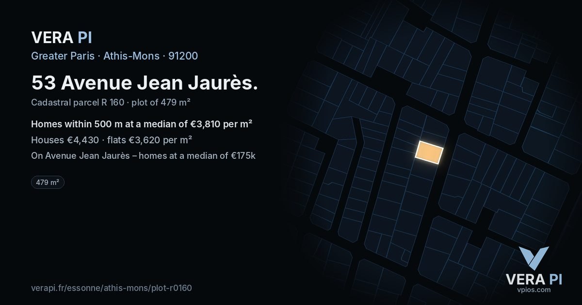 53 Avenue Jean Jaurès, Athis-Mons at night – the plot lit, the parcels around coloured by the prices near them