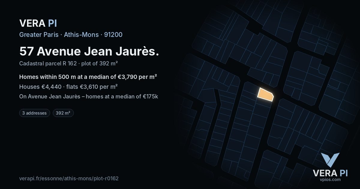 57 Avenue Jean Jaurès, Athis-Mons at night – the plot lit, the parcels around coloured by the prices near them