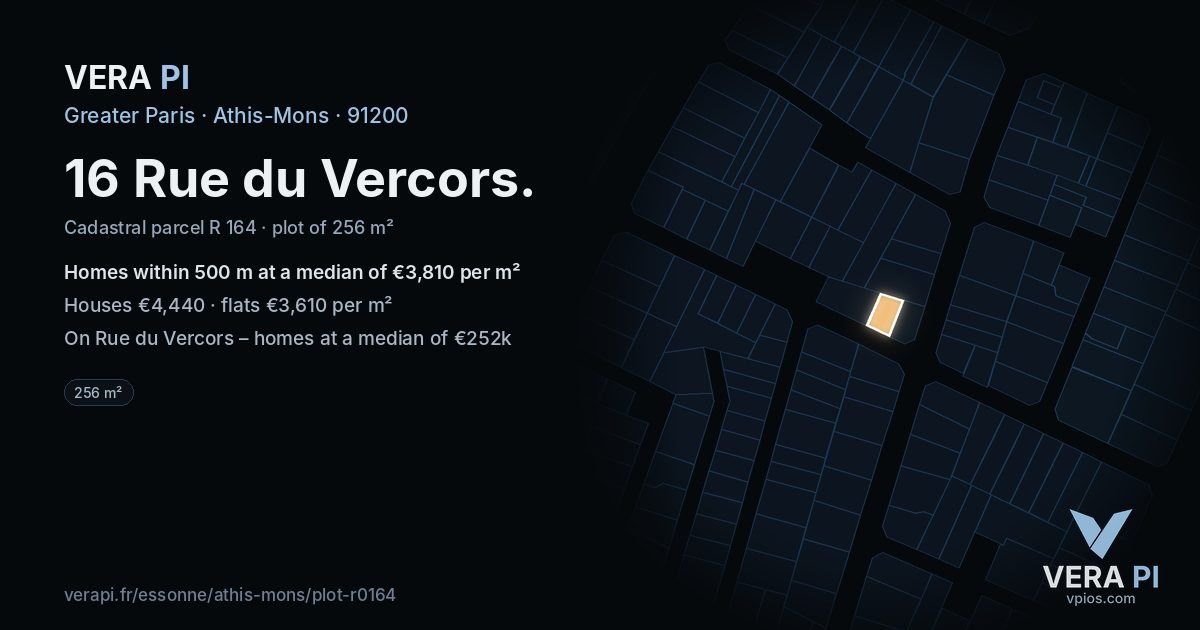 16 Rue du Vercors, Athis-Mons at night – the plot lit, the parcels around coloured by the prices near them