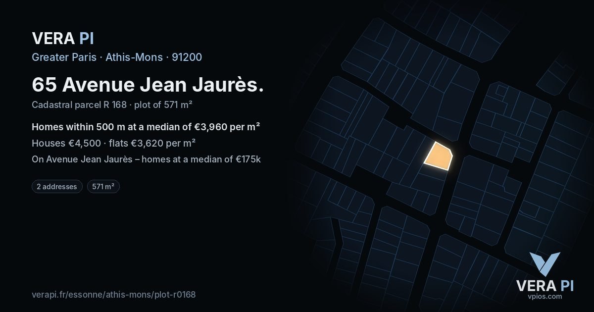 65 Avenue Jean Jaurès, Athis-Mons at night – the plot lit, the parcels around coloured by the prices near them
