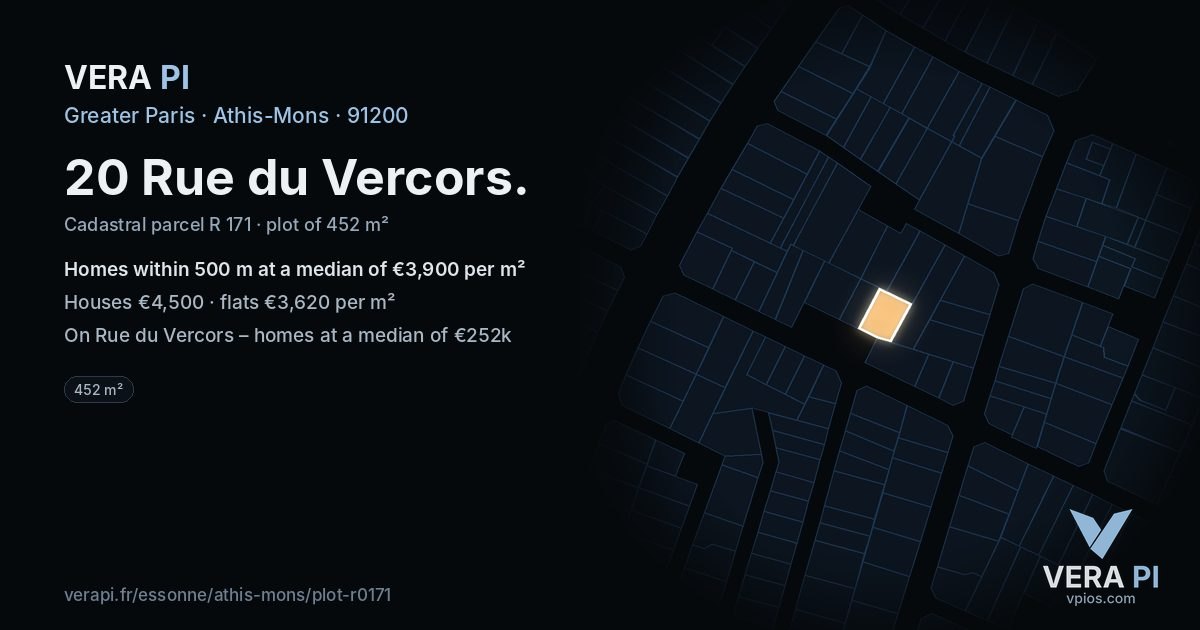 20 Rue du Vercors, Athis-Mons at night – the plot lit, the parcels around coloured by the prices near them