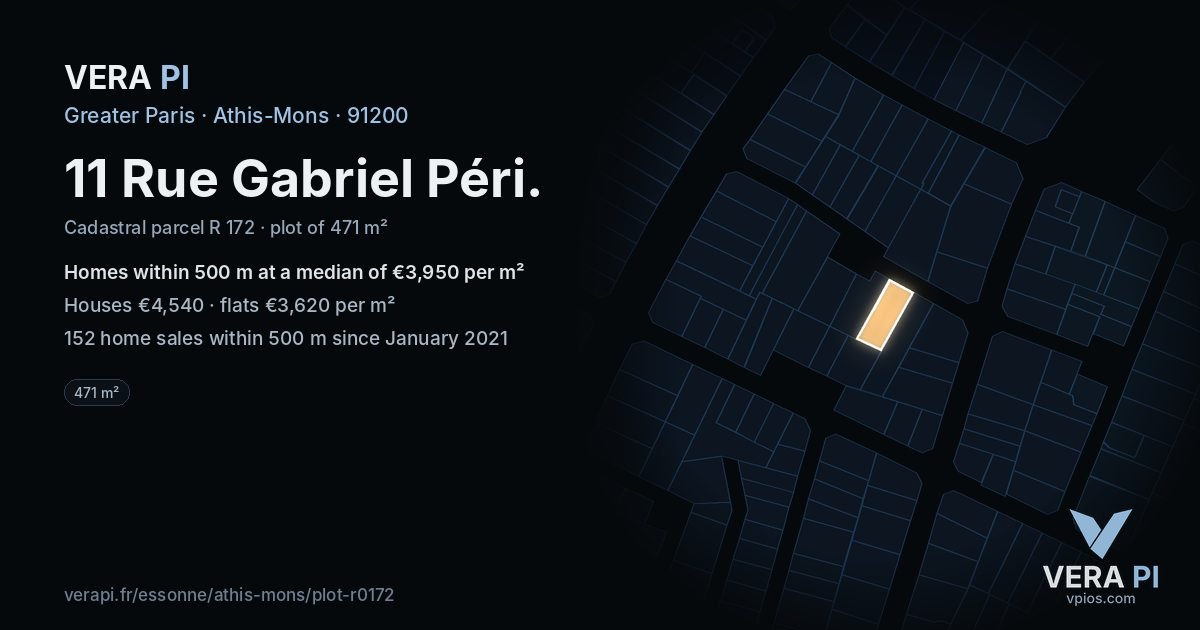 11 Rue Gabriel Péri, Athis-Mons at night – the plot lit, the parcels around coloured by the prices near them