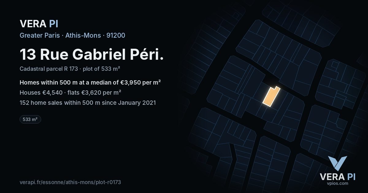 13 Rue Gabriel Péri, Athis-Mons at night – the plot lit, the parcels around coloured by the prices near them