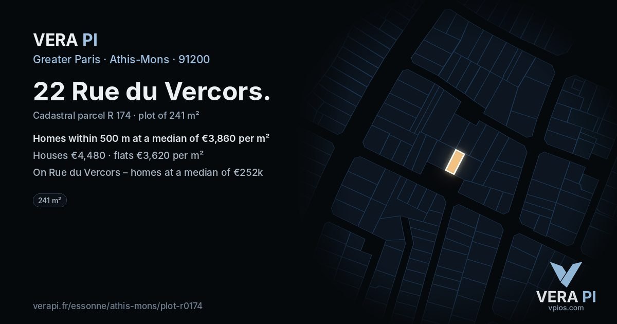 22 Rue du Vercors, Athis-Mons at night – the plot lit, the parcels around coloured by the prices near them