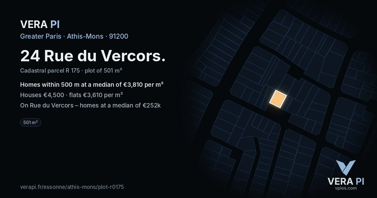 24 Rue du Vercors, Athis-Mons at night – the plot lit, the parcels around coloured by the prices near them