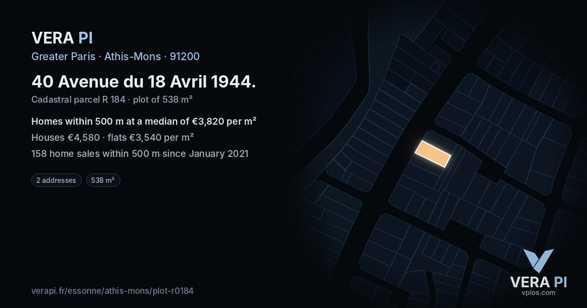 40 Avenue du 18 Avril 1944, Athis-Mons at night – the plot lit, the parcels around coloured by the prices near them
