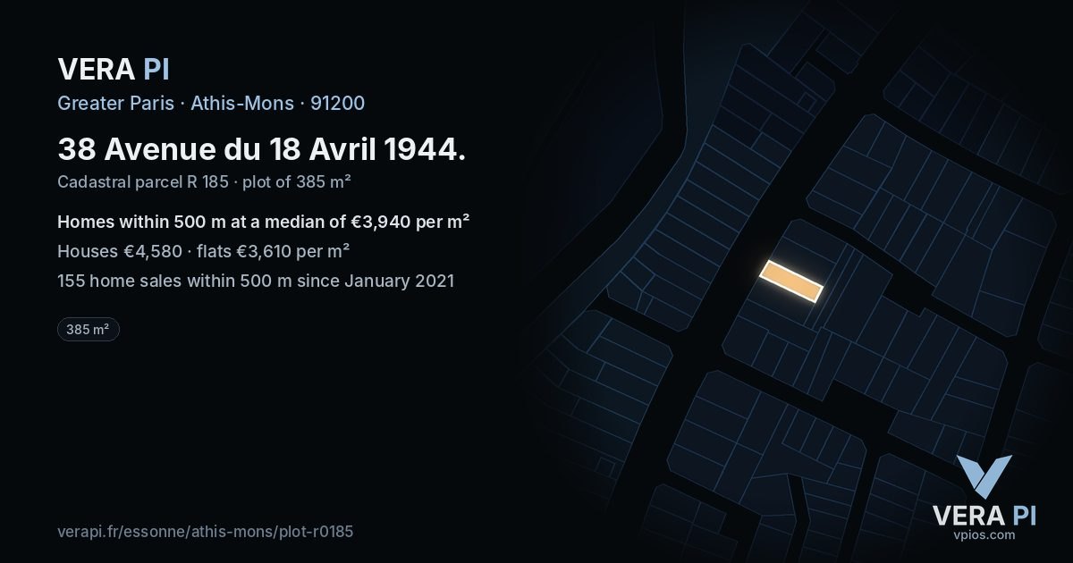 38 Avenue du 18 Avril 1944, Athis-Mons at night – the plot lit, the parcels around coloured by the prices near them