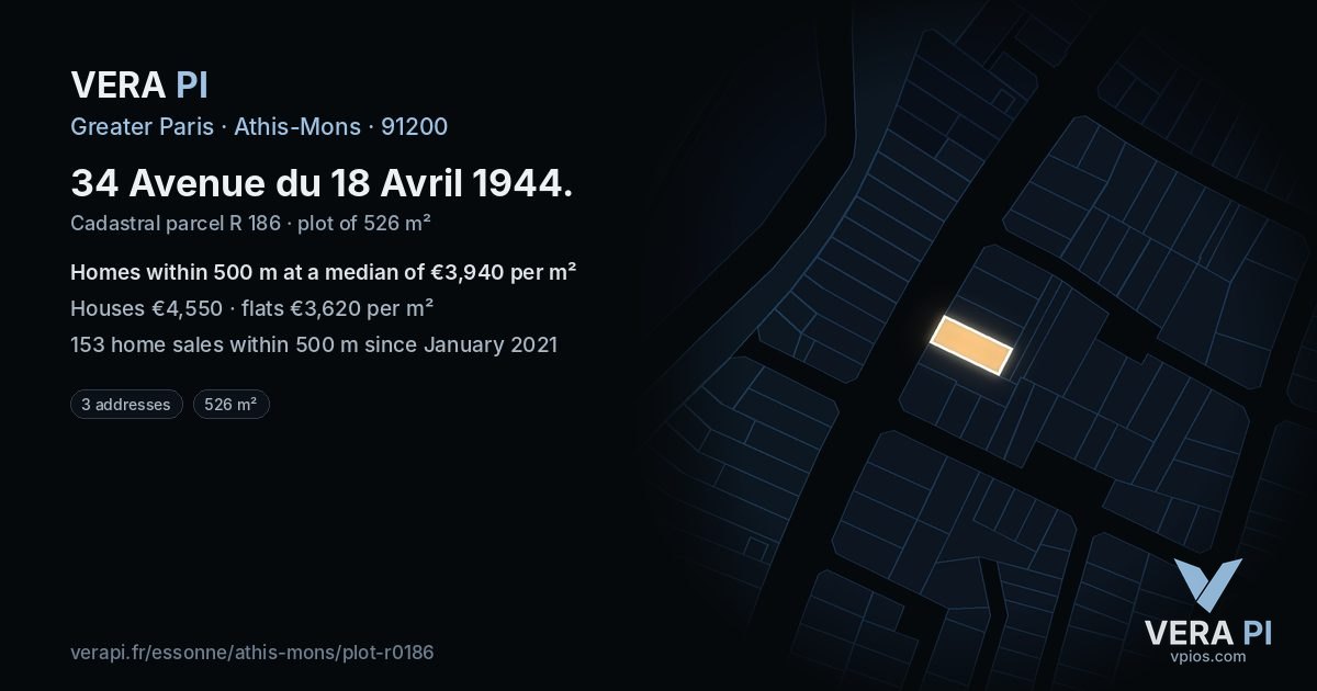 34 Avenue du 18 Avril 1944, Athis-Mons at night – the plot lit, the parcels around coloured by the prices near them
