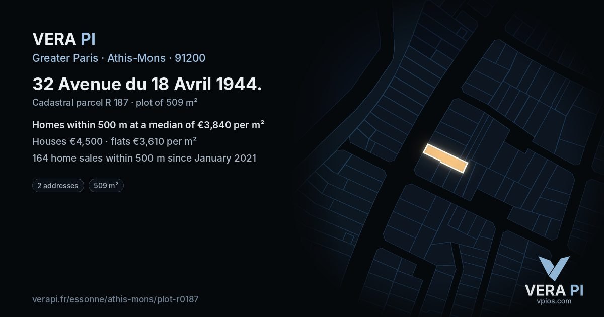 32 Avenue du 18 Avril 1944, Athis-Mons at night – the plot lit, the parcels around coloured by the prices near them