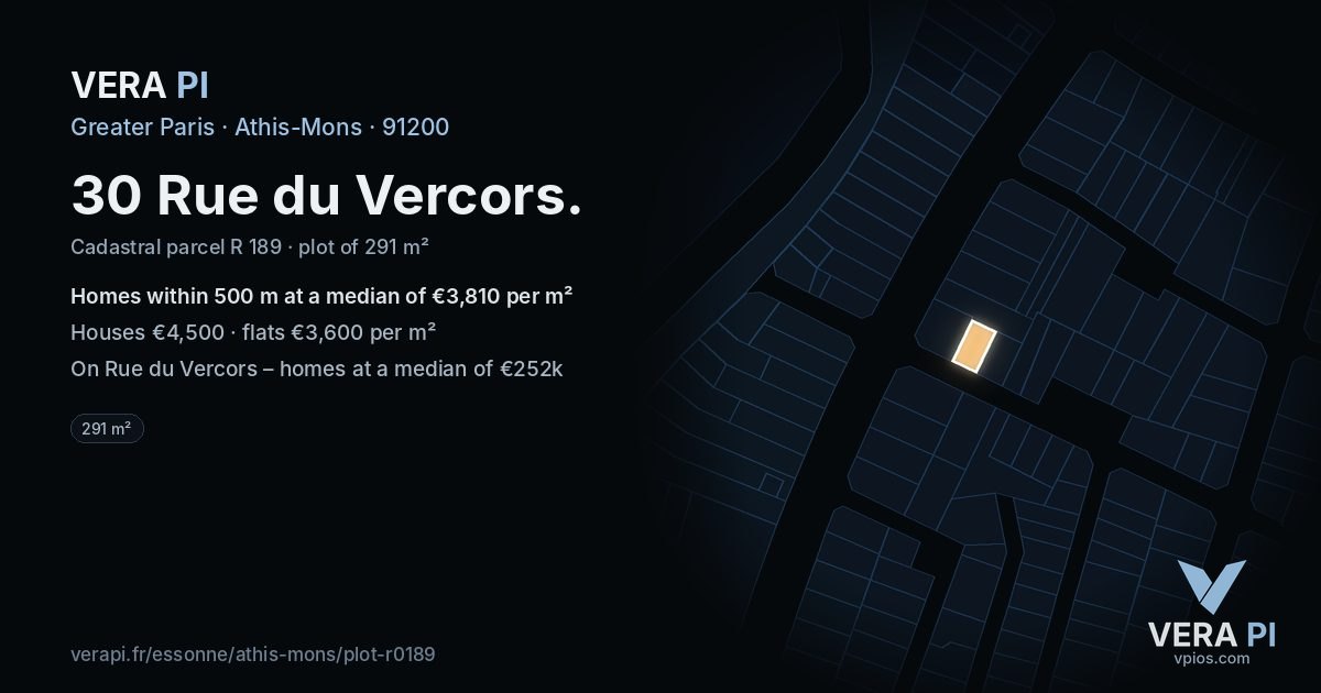 30 Rue du Vercors, Athis-Mons at night – the plot lit, the parcels around coloured by the prices near them