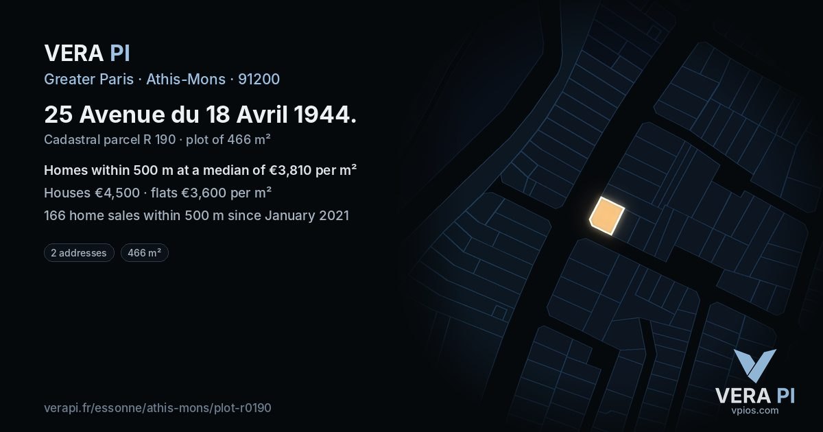 25 Avenue du 18 Avril 1944, Athis-Mons at night – the plot lit, the parcels around coloured by the prices near them