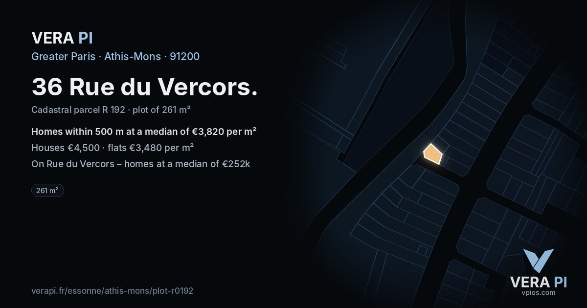 36 Rue du Vercors, Athis-Mons at night – the plot lit, the parcels around coloured by the prices near them