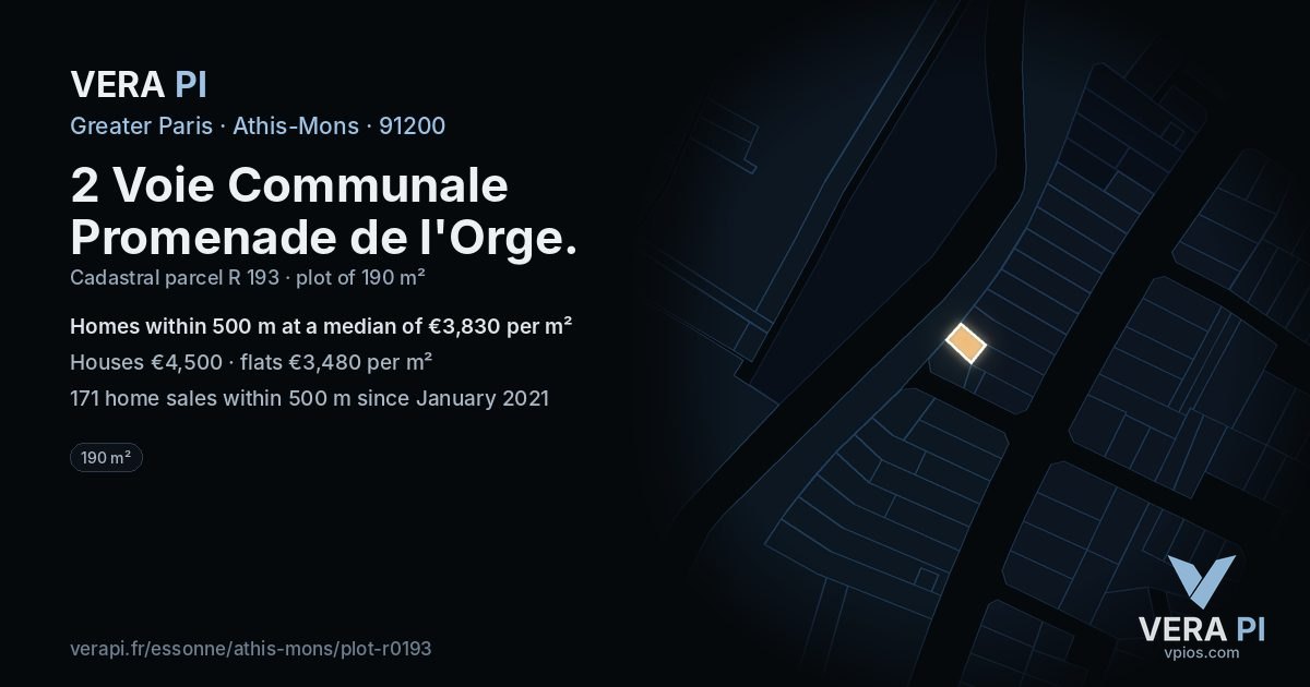 2 Voie Communale Promenade de l'Orge, Athis-Mons at night – the plot lit, the parcels around coloured by the prices near them