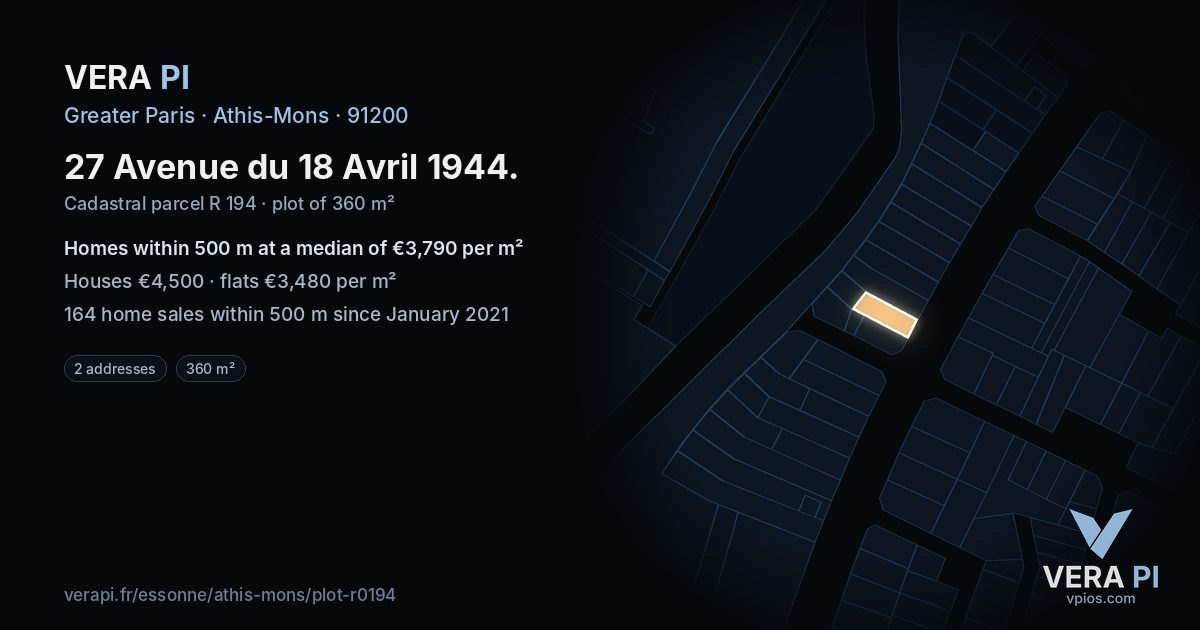 27 Avenue du 18 Avril 1944, Athis-Mons at night – the plot lit, the parcels around coloured by the prices near them