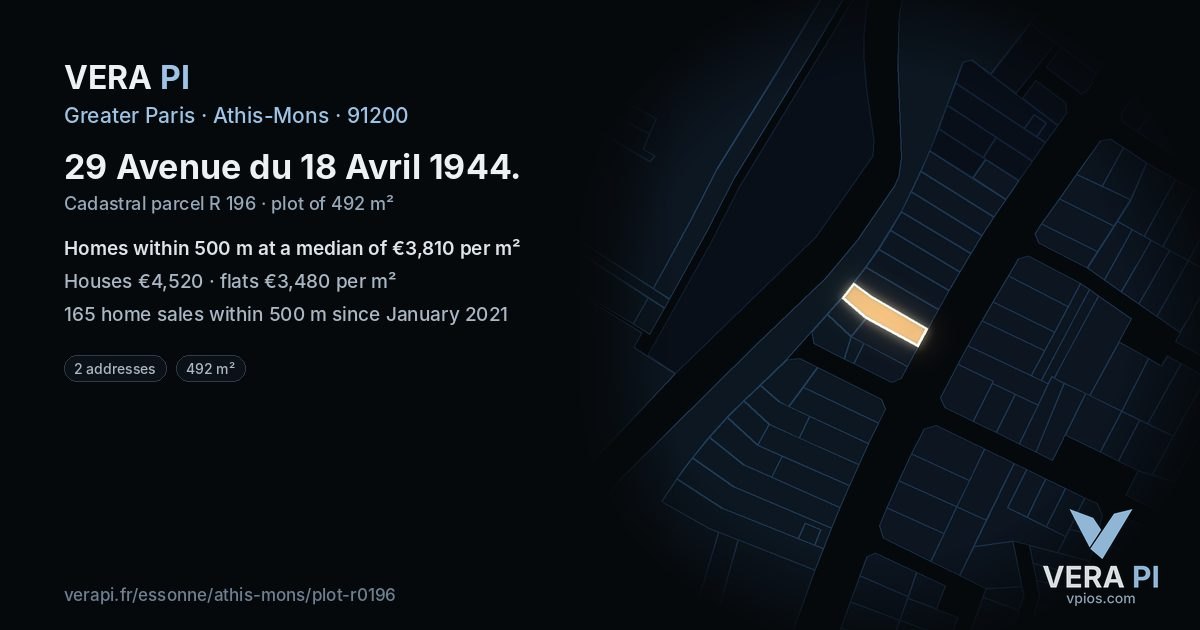29 Avenue du 18 Avril 1944, Athis-Mons at night – the plot lit, the parcels around coloured by the prices near them