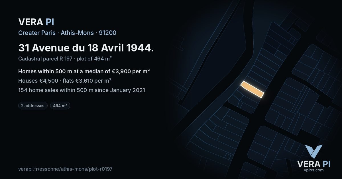 31 Avenue du 18 Avril 1944, Athis-Mons at night – the plot lit, the parcels around coloured by the prices near them
