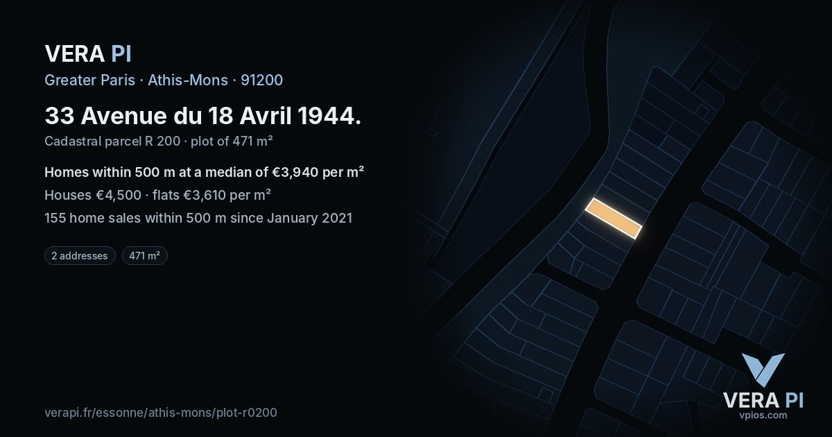 33 Avenue du 18 Avril 1944, Athis-Mons at night – the plot lit, the parcels around coloured by the prices near them