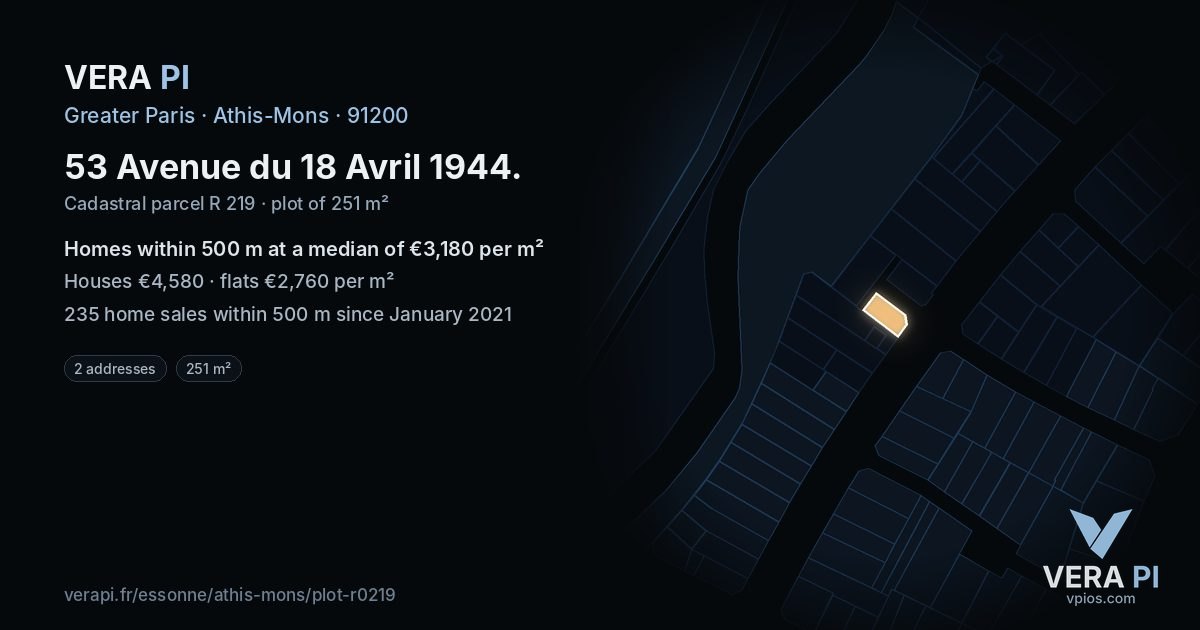 53 Avenue du 18 Avril 1944, Athis-Mons at night – the plot lit, the parcels around coloured by the prices near them