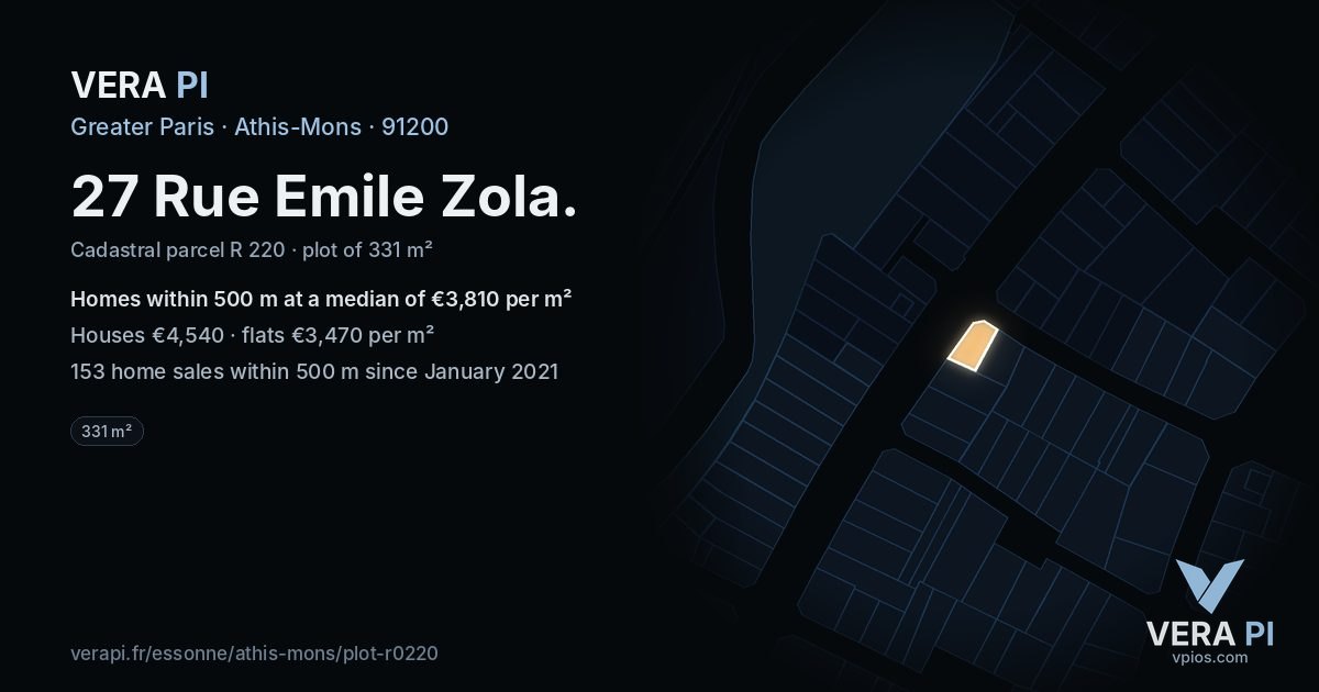 27 Rue Emile Zola, Athis-Mons at night – the plot lit, the parcels around coloured by the prices near them