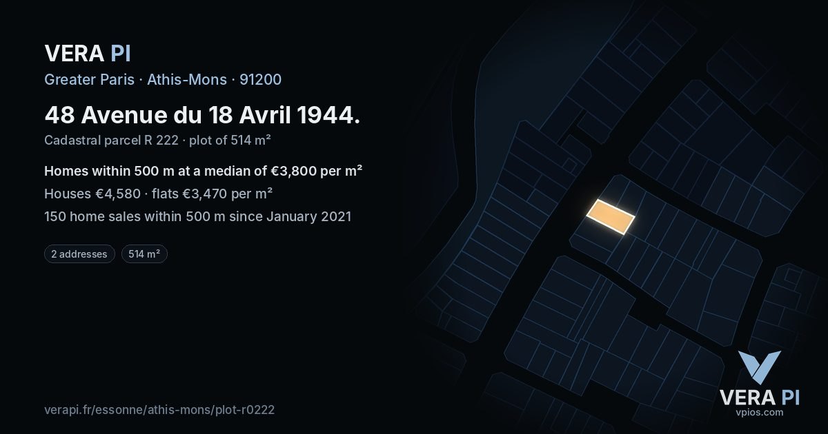 48 Avenue du 18 Avril 1944, Athis-Mons at night – the plot lit, the parcels around coloured by the prices near them