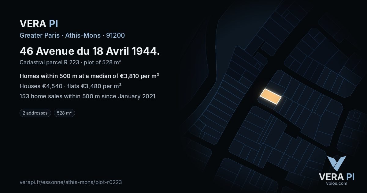 46 Avenue du 18 Avril 1944, Athis-Mons at night – the plot lit, the parcels around coloured by the prices near them