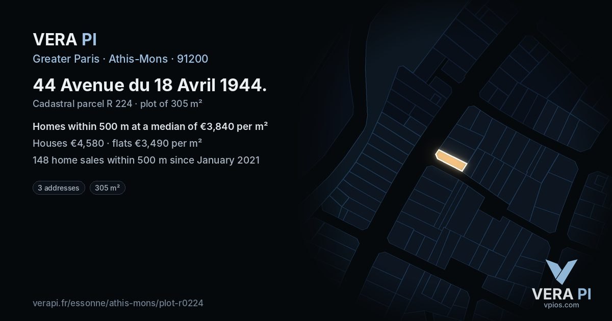 44 Avenue du 18 Avril 1944, Athis-Mons at night – the plot lit, the parcels around coloured by the prices near them