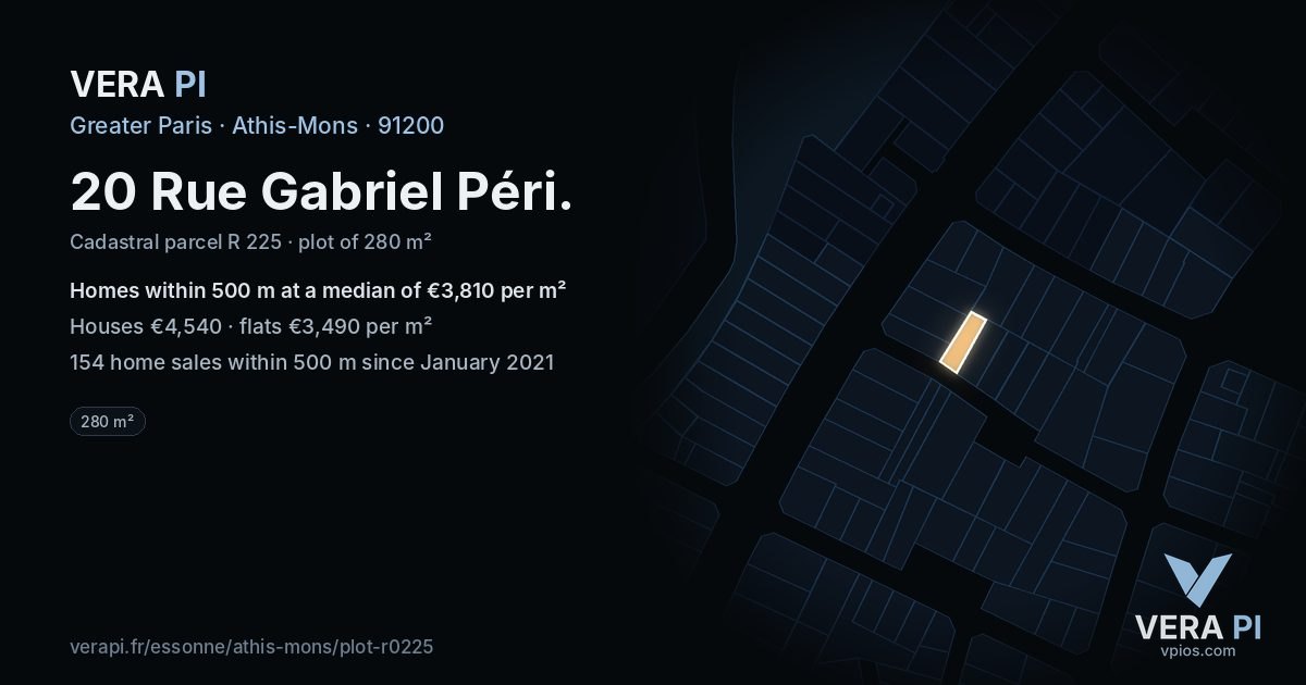 20 Rue Gabriel Péri, Athis-Mons at night – the plot lit, the parcels around coloured by the prices near them