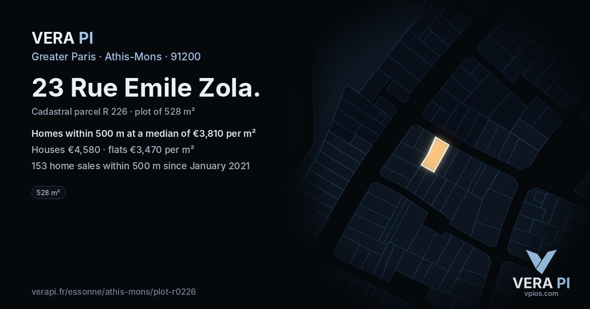 23 Rue Emile Zola, Athis-Mons at night – the plot lit, the parcels around coloured by the prices near them