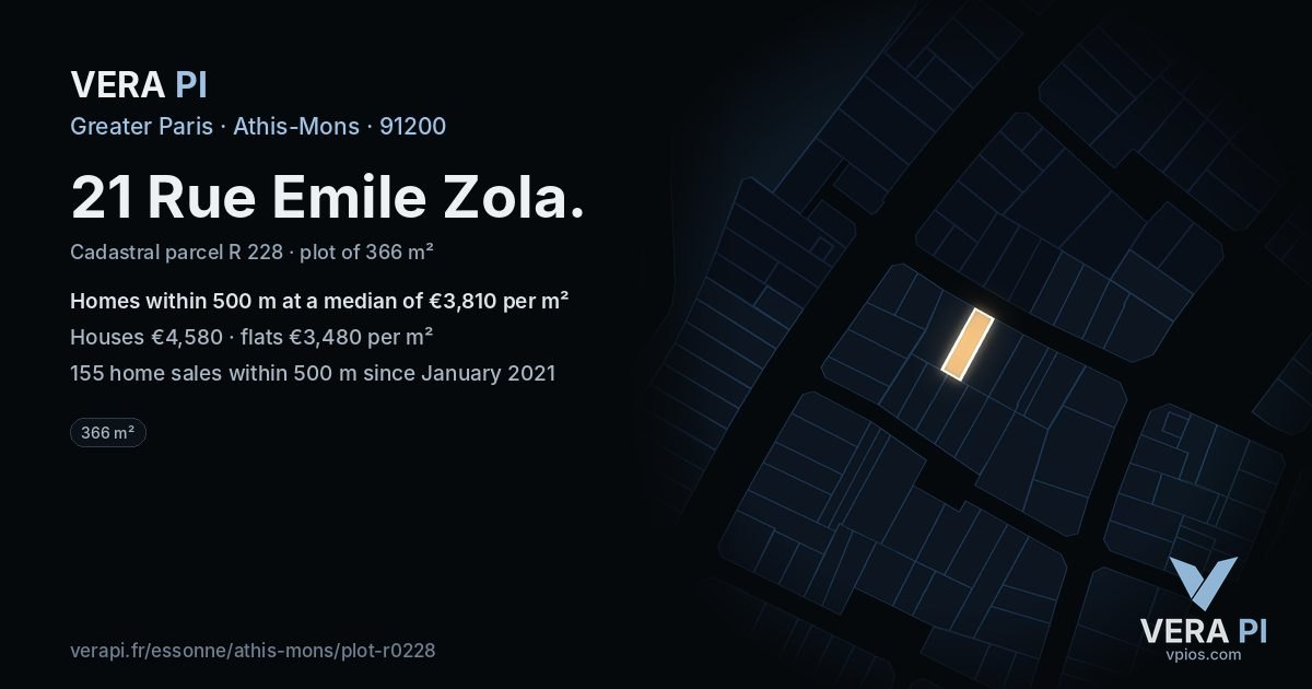 21 Rue Emile Zola, Athis-Mons at night – the plot lit, the parcels around coloured by the prices near them