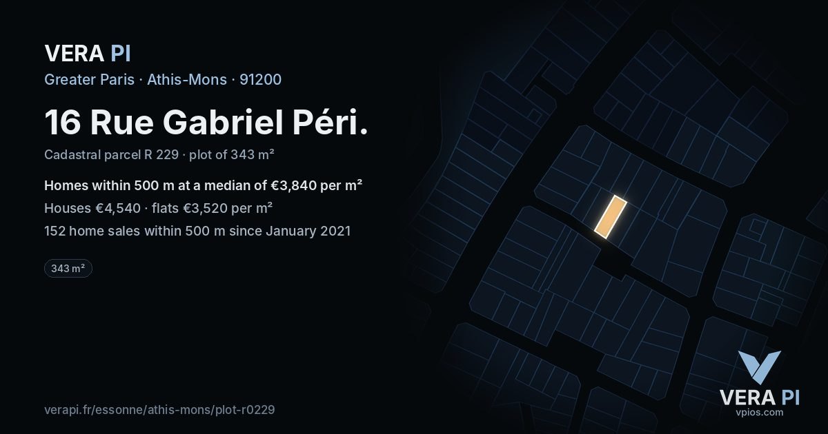 16 Rue Gabriel Péri, Athis-Mons at night – the plot lit, the parcels around coloured by the prices near them