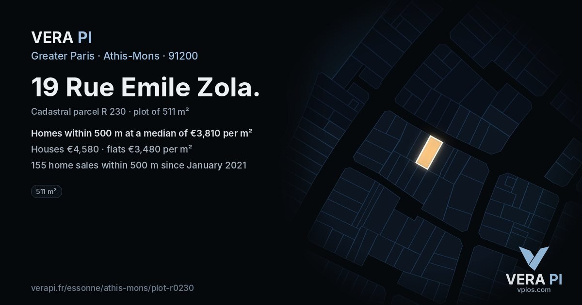 19 Rue Emile Zola, Athis-Mons at night – the plot lit, the parcels around coloured by the prices near them